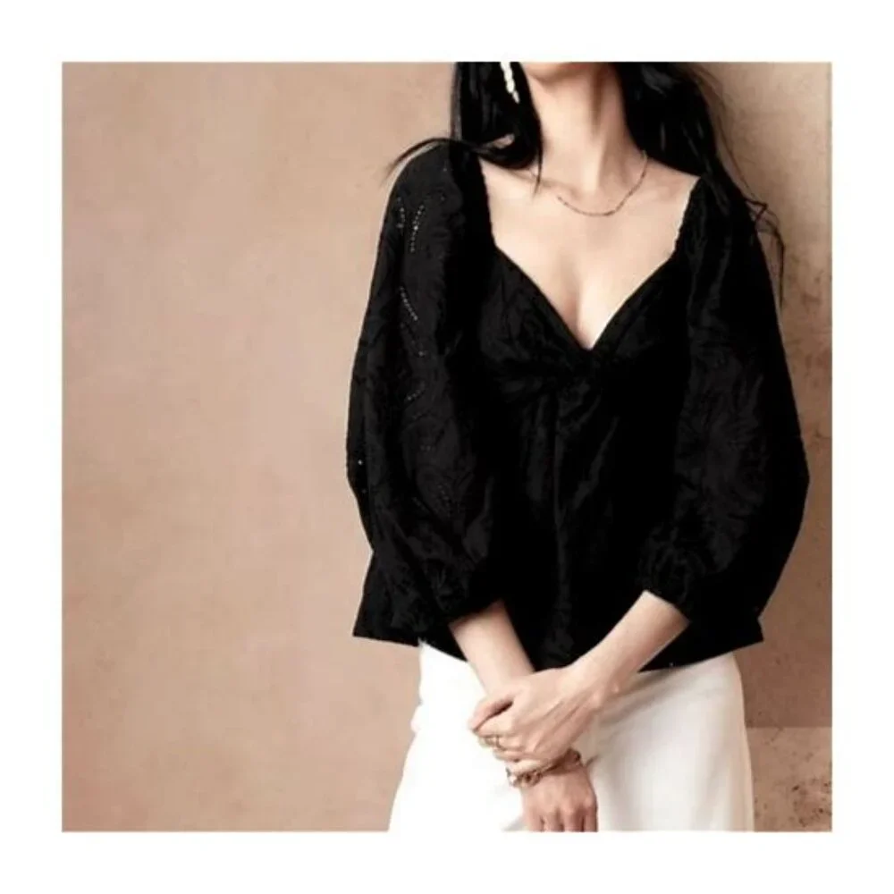 BANANA REPUBLIC Black Top S Sweetheart Neck 3/4 Sleeve Cotton Flirty EUC - Picture 13 of 13